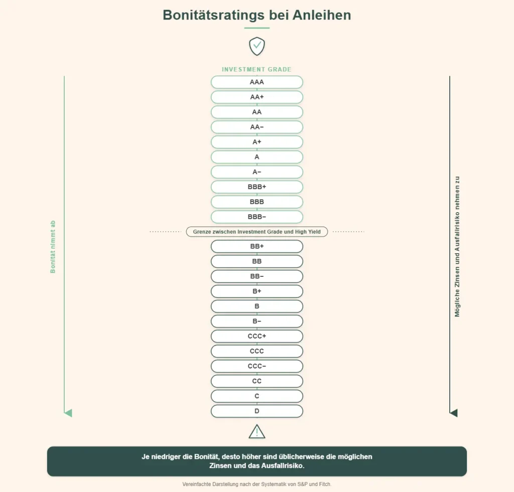Eine Grafik, die die Bonitätsratings von Anleihen von AAA (höchste Stufe) bis D (niedrigste Stufe) zeigt, unterteilt in „Investment Grade“ und „High Yield“. Die Grafik verdeutlicht, dass niedrigere Ratings mit höheren Renditen und einem höheren Ausfallrisiko einhergehen, was bei der Bewertung eines Anleihen-ETFs unbedingt zu berücksichtigen ist.
