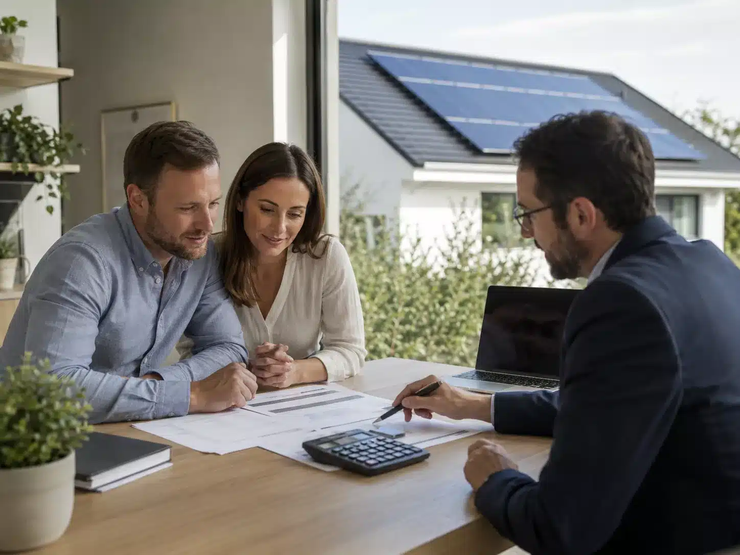 Ein Paar sitzt mit einem Finanzberater an einem Tisch und geht Unterlagen zur Finanzierung ihrer Solaranlage durch. Auf dem Tisch liegen ein Taschenrechner und ein Laptop. Durch das Fenster ist ein Haus mit Solarmodulen zu sehen.