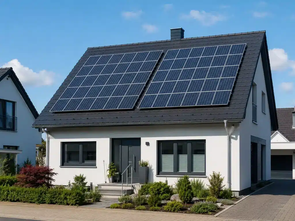 Ein modernes weißes Haus mit dunklem Dach verfügt über große Photovoltaikanlagen auf dem Dach. Das Haus hat mehrere Fenster, einen kleinen Vorgarten mit Sträuchern und einen gepflasterten Weg, der zum Hausanschluss am Eingang führt.