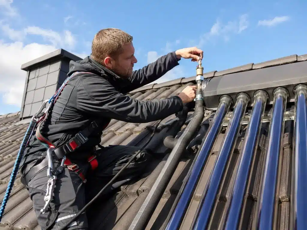 Ein Arbeiter in Schutzkleidung führt unter blauem Himmel Wartungsarbeiten an einer Solaranlage auf einem Schrägdach durch und stellt dabei sorgfältig ein Ventil ein, das mit schwarzen Rohren und Glasröhren der Solarthermieanlage verbunden ist.