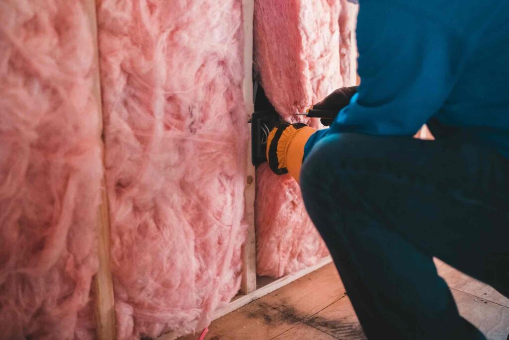 Eine Person in einem blauen Hemd und gelben Handschuhen verlegt auf einem Holzboden kniend rosa Glasfaserdämmung in einer Wand, um die Nachtspeicherheizung des Hauses mit erneuerbarem Strom zu modernisieren.