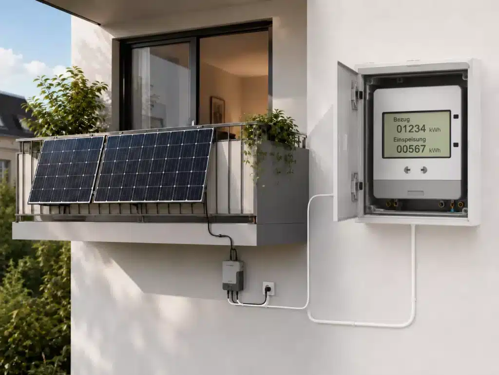 Kleine Solarmodule sind an einem Balkongeländer angebracht und über Kabel mit einem offenen digitalen Stromzählerkasten verbunden, der an einer Außenwand befestigt ist – mit einem modernen Zweirichtungszähler am Balkonkraftwerk. Pflanzen schmücken den Balkon, und im Hintergrund ist ein Fenster zu sehen, wodurch eine harmonische Verbindung aus grüner Energie und urbanem Leben entsteht.
