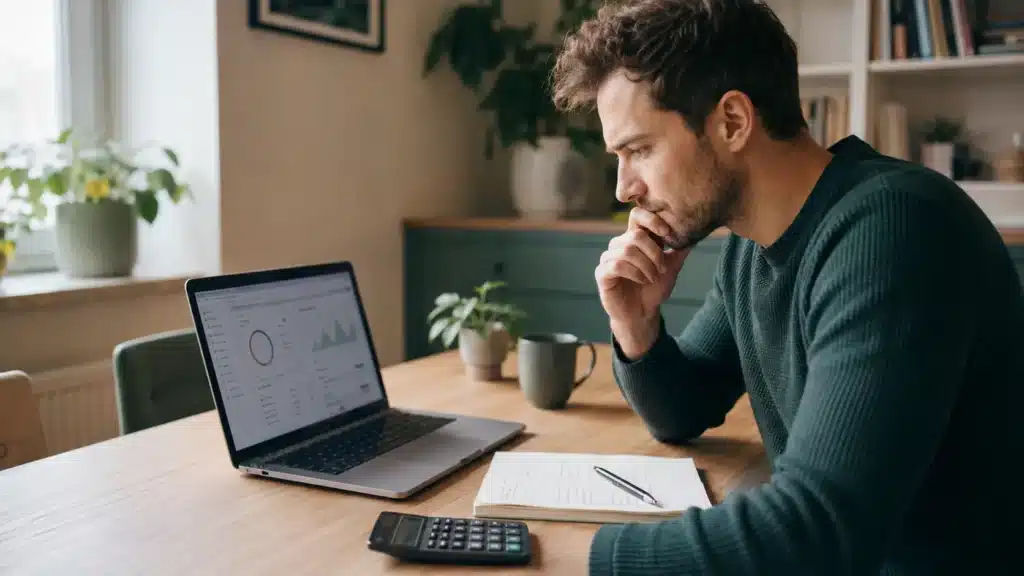 Ein Mann in einem grünen Pullover sitzt an einem Tisch und betrachtet nachdenklich einen Laptop, auf dem Grafiken zu ETF-Kosten angezeigt werden. Auf dem Tisch liegen ein Notizbuch, ein Taschenrechner und eine Kaffeetasse. Im Hintergrund sind Pflanzen und sanftes Tageslicht zu sehen.