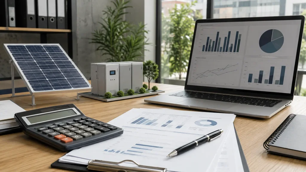 Ein Schreibtisch mit Solarmodellen, einem Taschenrechner, einem Stift, Finanzdiagrammen und einem Laptop, auf dem Grafiken angezeigt werden – in einem modernen Büro mit großen Fenstern und Pflanzen –, veranschaulicht, wie Unternehmer die steuerlichen Vorteile des Investitionsabzugsbetrags (IAB) für nachhaltige Investitionen optimal nutzen können.