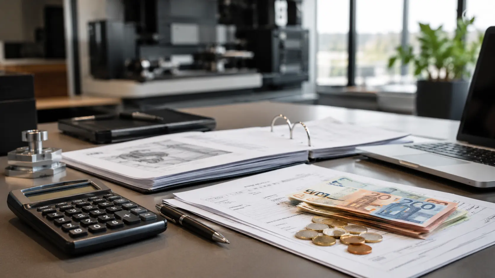 Ein Schreibtisch mit Unterlagen, einem Taschenrechner, einem Stift, Euro-Banknoten und -Münzen, einem Laptop und einem Ordner – ideal für Aufgaben wie das Auflösen eines IAB – in einer Büroumgebung mit großen Fenstern im Hintergrund.