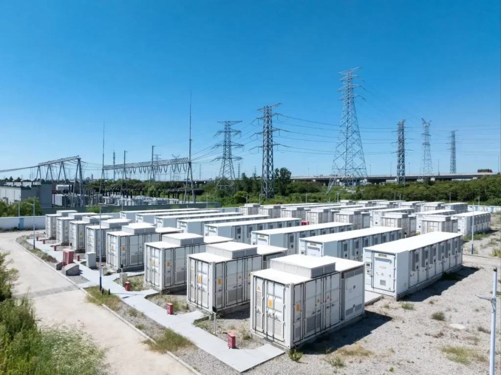 Reihen großer weißer Batteriespeicher, sogenannte Großbatteriespeicher, sind an diesem strategisch wichtigen Standort unter strahlend blauem Himmel im Freien in der Nähe von Stromleitungen und Strommasten angeordnet, umgeben von Schotterwegen und etwas Vegetation.