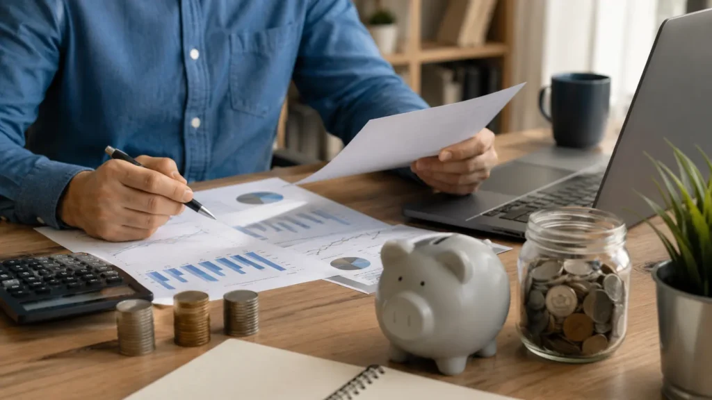 Eine Person betrachtet an einem Schreibtisch mit Laptop, Taschenrechner, Sparschwein, gestapelten Münzen und einem Glas voller Münzen Finanzdiagramme, was auf Budgetplanung, Finanzplanung oder Finanzanalyse hindeutet – möglicherweise unter Berücksichtigung von Optionen wie der Arbeitnehmersparzulage, um die Ersparnisse zu maximieren.