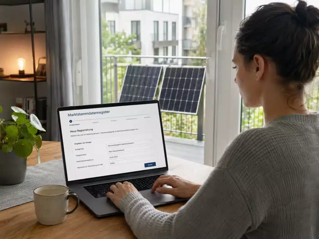 Eine Person sitzt an einem Tisch und füllt mit einem Laptop ein Online-Anmeldeformular aus, wahrscheinlich um sich beim Balkonkraftwerk anzumelden. Auf dem Tisch stehen eine Kaffeetasse und eine Topfpflanze, während durch die großen Fenster Solarmodule zu sehen sind.