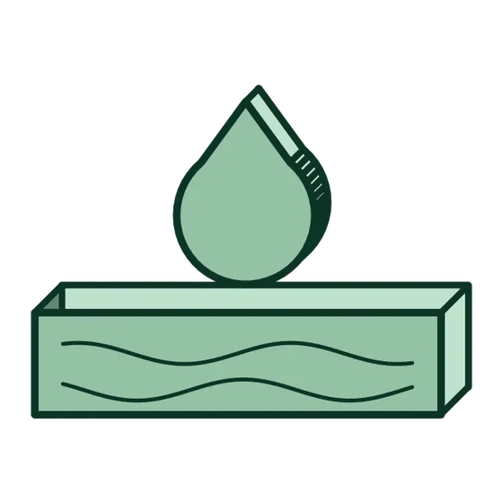 Über einem rechteckigen Behälter mit Wellenlinien befindet sich ein Symbol in Form eines grünen Wassertropfens, das Wasser oder Flüssigkeit im minimalistischen Stil symbolisiert – eine elegante Anspielung auf den Aufstieg der Bioenergie und nachhaltiger Lösungen im Jahr 2026.