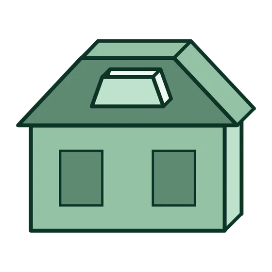 Einfache Illustration eines grünen Hauses mit zwei quadratischen Fenstern und einem schrägen Dach mit einem zentralen Dachfenster oder einer Dachgaube, die die Zukunft des nachhaltigen Wohnens mit Bioenergie im Jahr 2026 symbolisiert.