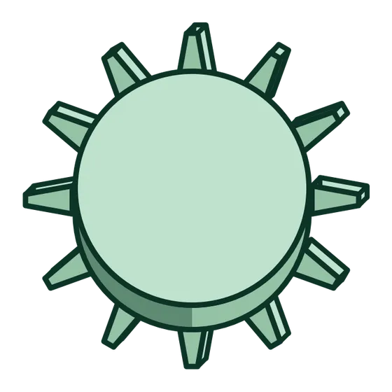 Eine einfache Darstellung eines grünen Zahnrads, das für Bioenergie steht, mit zehn rechteckigen Zähnen, gezeigt aus einer schrägen Vogelperspektive auf einem schlichten weißen Hintergrund – als Symbol für Innovationen im Bereich der sauberen Energie für das Jahr 2026 und darüber hinaus.
