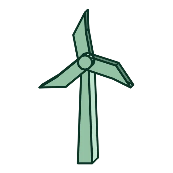 Eine einfache Illustration einer grünen Windkraftanlage mit drei Rotorblättern auf weißem Hintergrund, die das Potenzial der Bioenergie auf dem Weg ins Jahr 2026 symbolisiert.