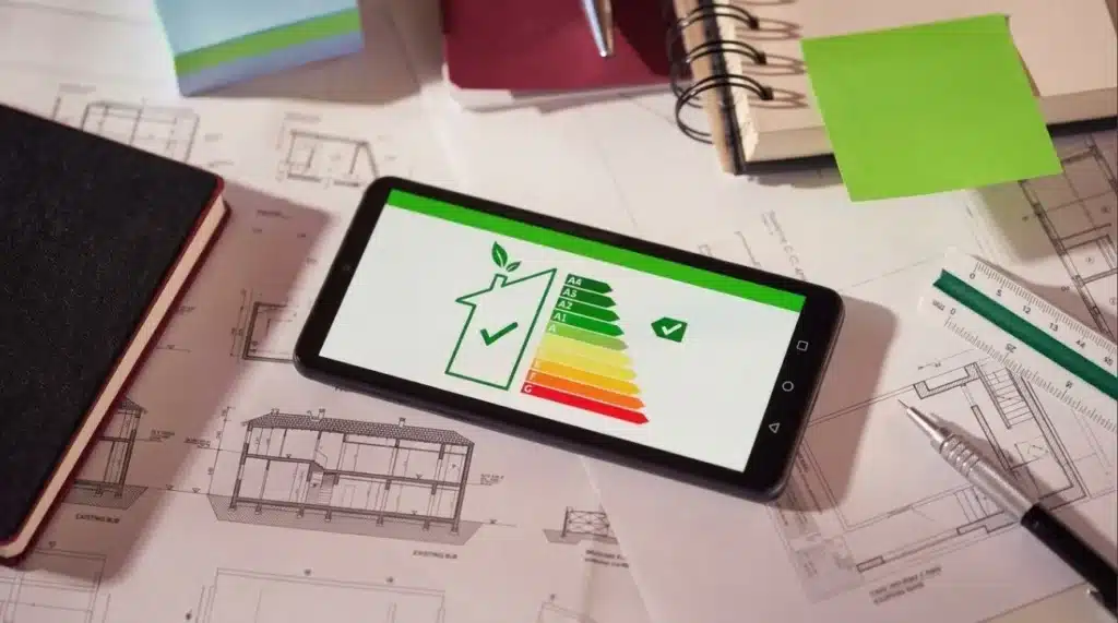 Auf einem Arbeitsplatz liegt ein Smartphone, auf dessen Display eine Energieeffizienzklasse angezeigt wird, umgeben von Notizbüchern, Stiften, einem Lineal und Haftnotizen – ein subtiler Hinweis auf die sorgfältige Planung, die hinter der Errichtung eines Effizienzhauses mit Merkmalen wie moderner LED-Beleuchtung und effizienten Netzteiloptionen steckt.
