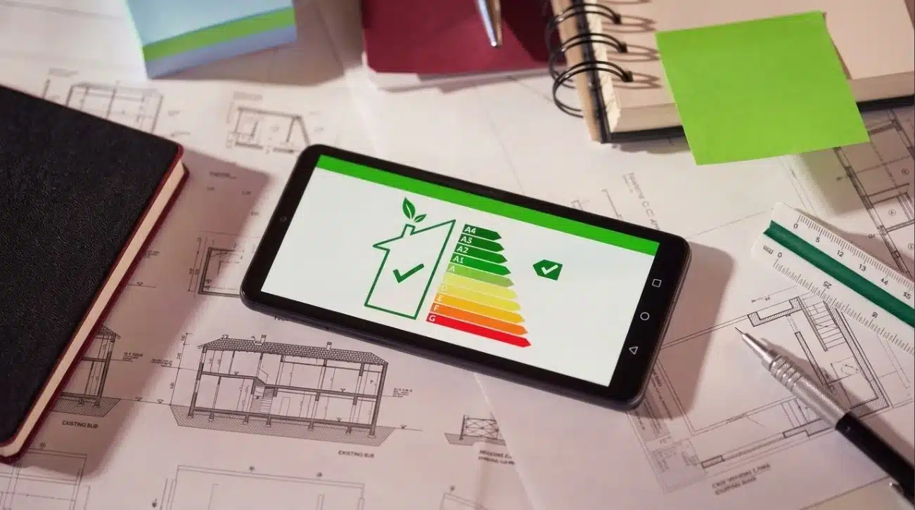 Auf einem Arbeitsplatz liegt ein Smartphone, auf dessen Display eine Energieeffizienzklasse angezeigt wird, umgeben von Notizbüchern, Stiften, einem Lineal und Haftnotizen – ein subtiler Hinweis auf die sorgfältige Planung, die hinter der Errichtung eines Effizienzhauses mit Merkmalen wie moderner LED-Beleuchtung und effizienten Netzteiloptionen steckt.
