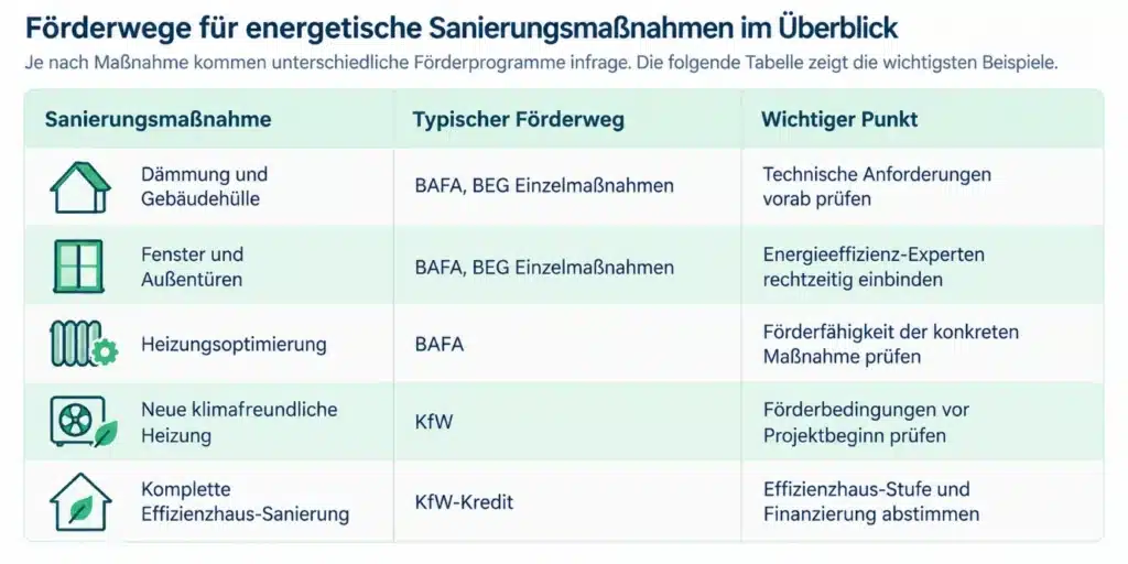 Tabelle mit einer Übersicht über Arten von energetischen Sanierungsmaßnahmen, typische Förderquellen wie BAFA und KfW, die Sie beantragen können, sowie wichtige Hinweise wie technische Anforderungen, die Hinzuziehung von Fachleuten und Details zu den verfügbaren Fördermitteln für deutsche Energieeffizienzprojekte.