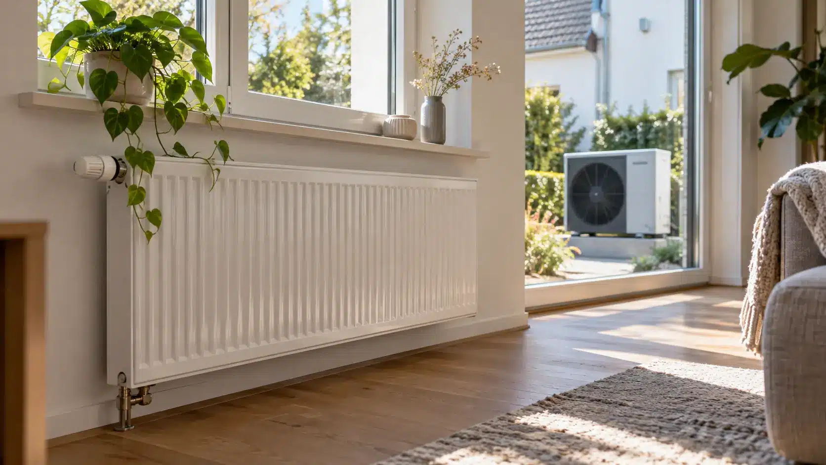 Ein weißer, an der Wand montierter Heizkörper für eine Wärmepumpe unter einem Fenster, wobei auf der Außenterrasse eine Wärmepumpeneinheit zu sehen ist.