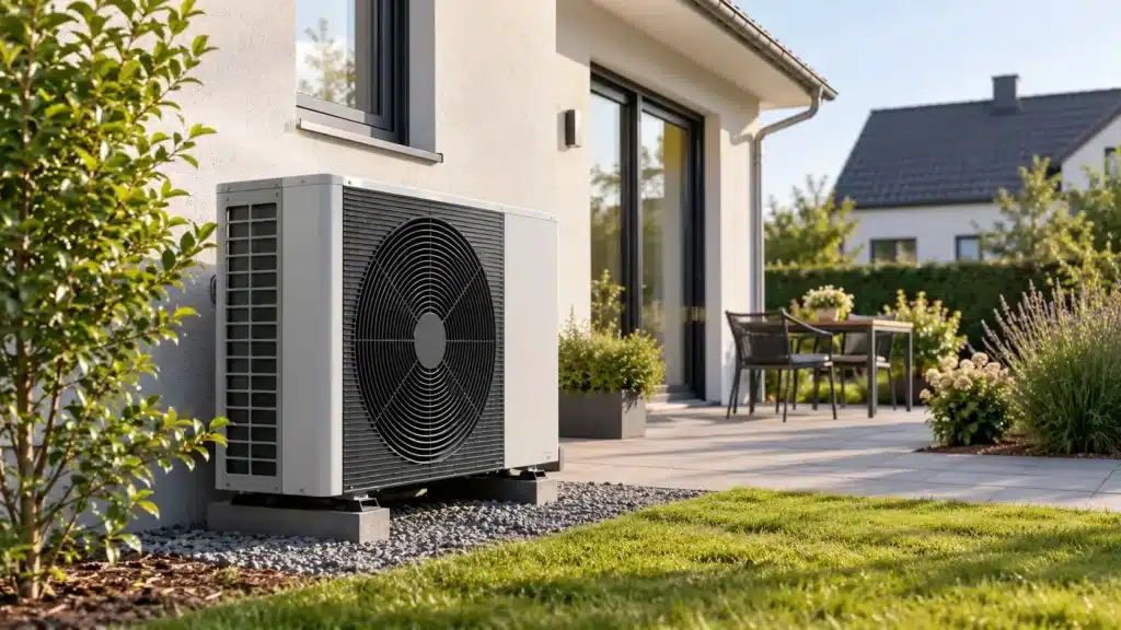 Eine Außenluft-Wärmepumpenanlage, die auf einer Betonplatte neben einer Terrasse installiert ist; abgebildet in einer Umgebung, in der Aspekte hinsichtlich der Lautstärke der Wärmepumpe eine wichtige Rolle spielen.