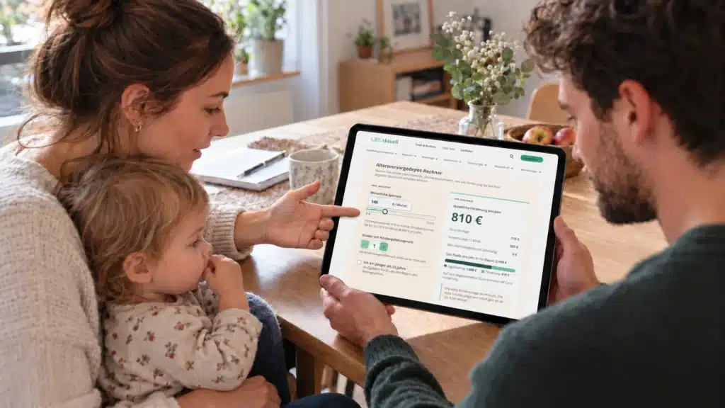 Ein Paar und sein kleines Kind sitzen an einem Tisch und schauen auf ein Tablet, auf dem ein Rechner für das Altersvorsorgedepot angezeigt wird.