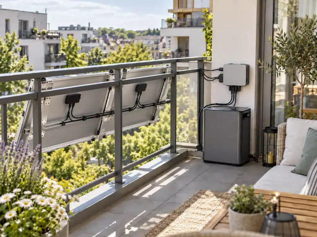 Die Solarmodule von Balkonkraftwerke sind an einem Balkongeländer montiert und an eine graue Stromanlage mit Speicher angeschlossen. Auf dem Balkon stehen Pflanzen und ein Sofa, und man blickt auf Wohnhäuser und grüne Bäume unter blauem Himmel.