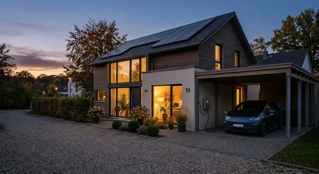Modernes Haus in der Abenddämmerung mit großen Fenstern, Sonnenkollektoren auf dem Dach, warmer Innenbeleuchtung, einem unter einem Carport geparkten Elektroauto und Pflanzen am Eingang. Im Hintergrund ist die von Bäumen gesäumte Kiesauffahrt zu sehen.