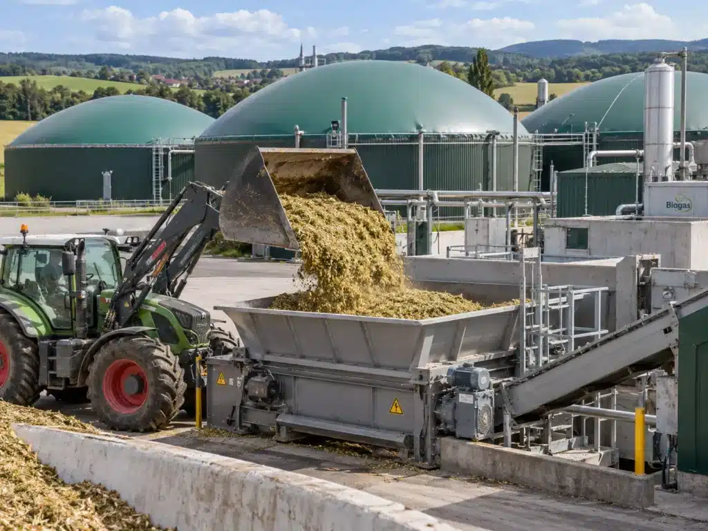 Ein Frontlader eines Traktors schüttet einen Haufen Gärsubstrat in einen großen industriellen Aufnahmetrichter einer Biogasanlage.