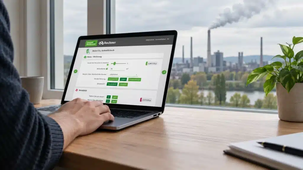 Eine Person berechnet auf einer Website der Regierung mithilfe eines Laptops ihren persönlichen CO₂-Fußabdruck, während durch das Fenster neben der Stelle, an der man CO₂-Zertifikate kaufen könnte, ein Rauch ausstoßendes Kraftwerk zu sehen ist.