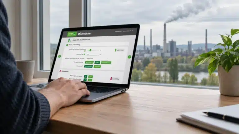 Eine Person berechnet auf einer Website der Regierung mithilfe eines Laptops ihren persönlichen CO₂-Fußabdruck, während durch das Fenster neben der Stelle, an der man CO₂-Zertifikate kaufen könnte, ein Rauch ausstoßendes Kraftwerk zu sehen ist.