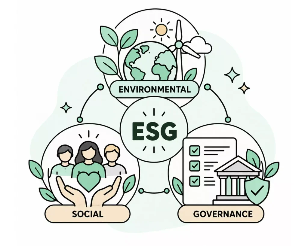 Infografik zur Veranschaulichung der drei Säulen von ESG: Umwelt (dargestellt durch einen Globus und eine Windkraftanlage), Soziales (dargestellt durch Menschen, die ein Herz in den Händen halten) und Unternehmensführung (dargestellt durch eine Checkliste), die die ESG-Kriterien veranschaulichen.