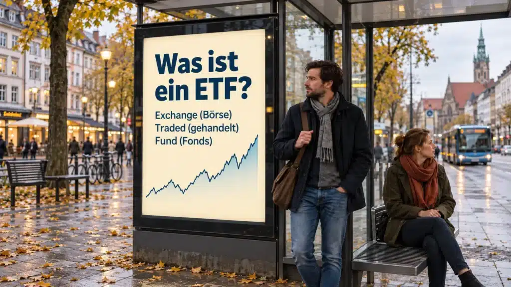 Ein Mann und eine Frau warten an einer Bushaltestelle neben einer beleuchteten Werbeanzeige mit der Aufschrift Was ist ein ETF?, auf der ein nach oben verlaufendes Liniendiagramm zu sehen ist.