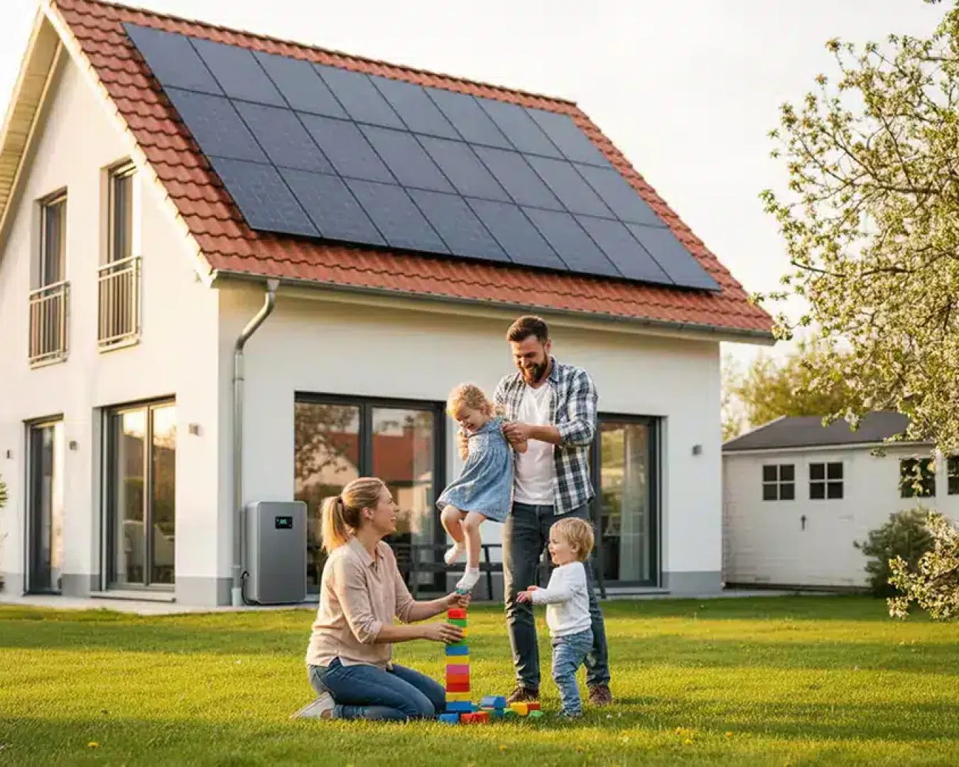 Eine vierköpfige Familie spielt im Hof eines modernen Hauses mit Solarzellen auf dem Dach. Die Eltern helfen ihren beiden kleinen Kindern, bunte Bauklötze auf dem Rasen zu stapeln, der an einem sonnigen Tag von Grünflächen umgeben ist.