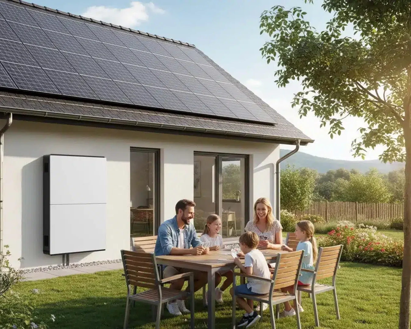Eine fünfköpfige Familie sitzt um einen Holztisch in einem sonnigen Hinterhof und genießt eine Mahlzeit in der Nähe eines weißen Hauses mit einer 15-kWp-PV-Anlage auf dem Dach und einem großen Garten, unter einem klaren blauen Himmel.
