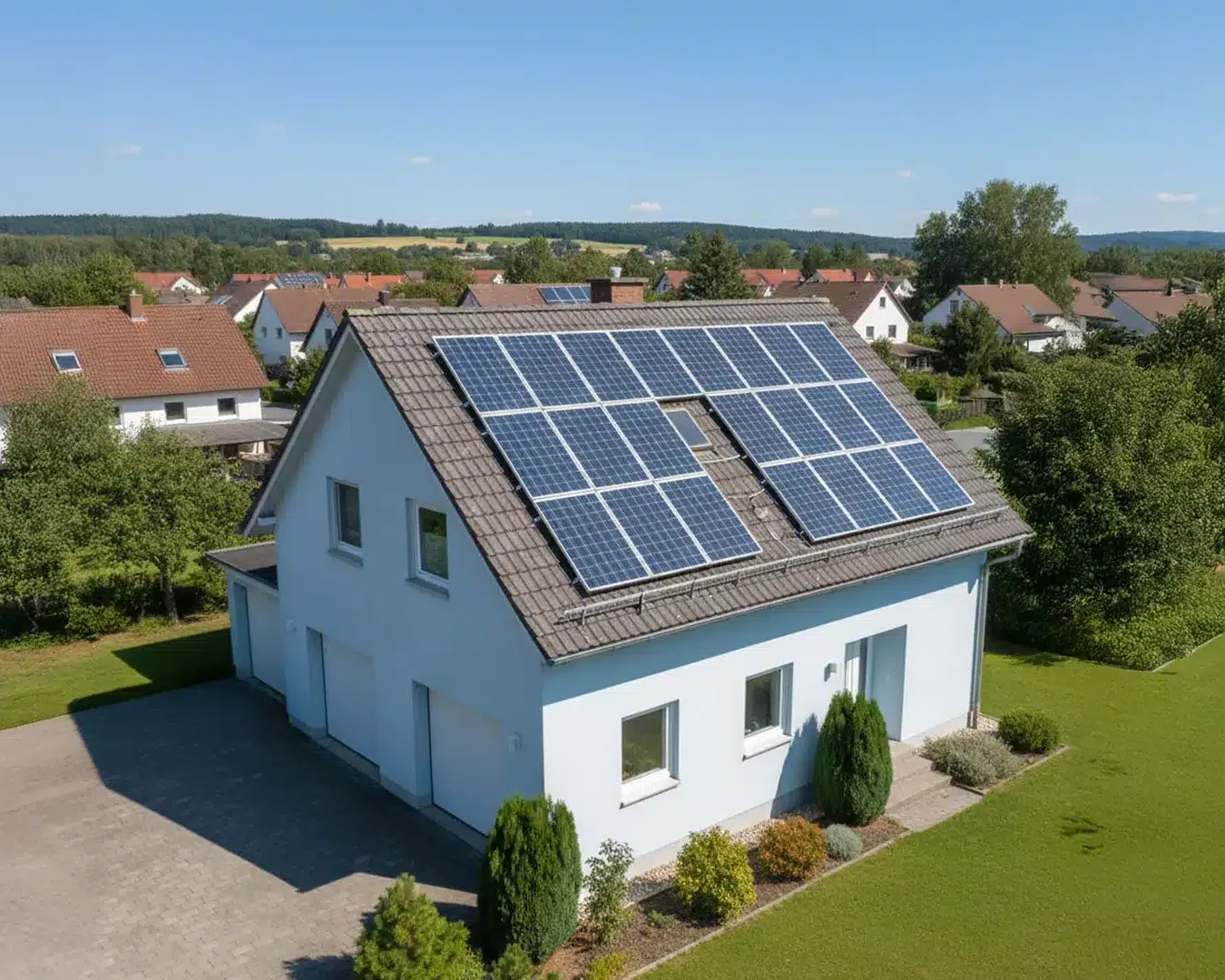 Ein hellblaues Haus mit Sonnenkollektoren auf dem Dach steht an einem sonnigen Tag in einem Vorort, umgeben von Grünflächen und anderen Häusern - perfekt für alle, die sich fragen: "Wie viel Strom produziert eine 15 kWp Photovoltaikanlage am Tag?.