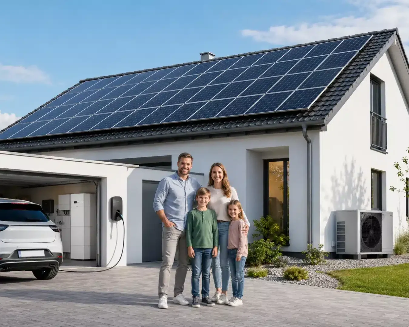 Eine lächelnde vierköpfige Familie steht vor einem modernen Haus mit einer 25 kWp-PV-Anlage auf dem Dach. Ein Elektroauto ist in der Einfahrt geparkt, und an der Wand neben der Garage ist eine Ladestation angebracht.