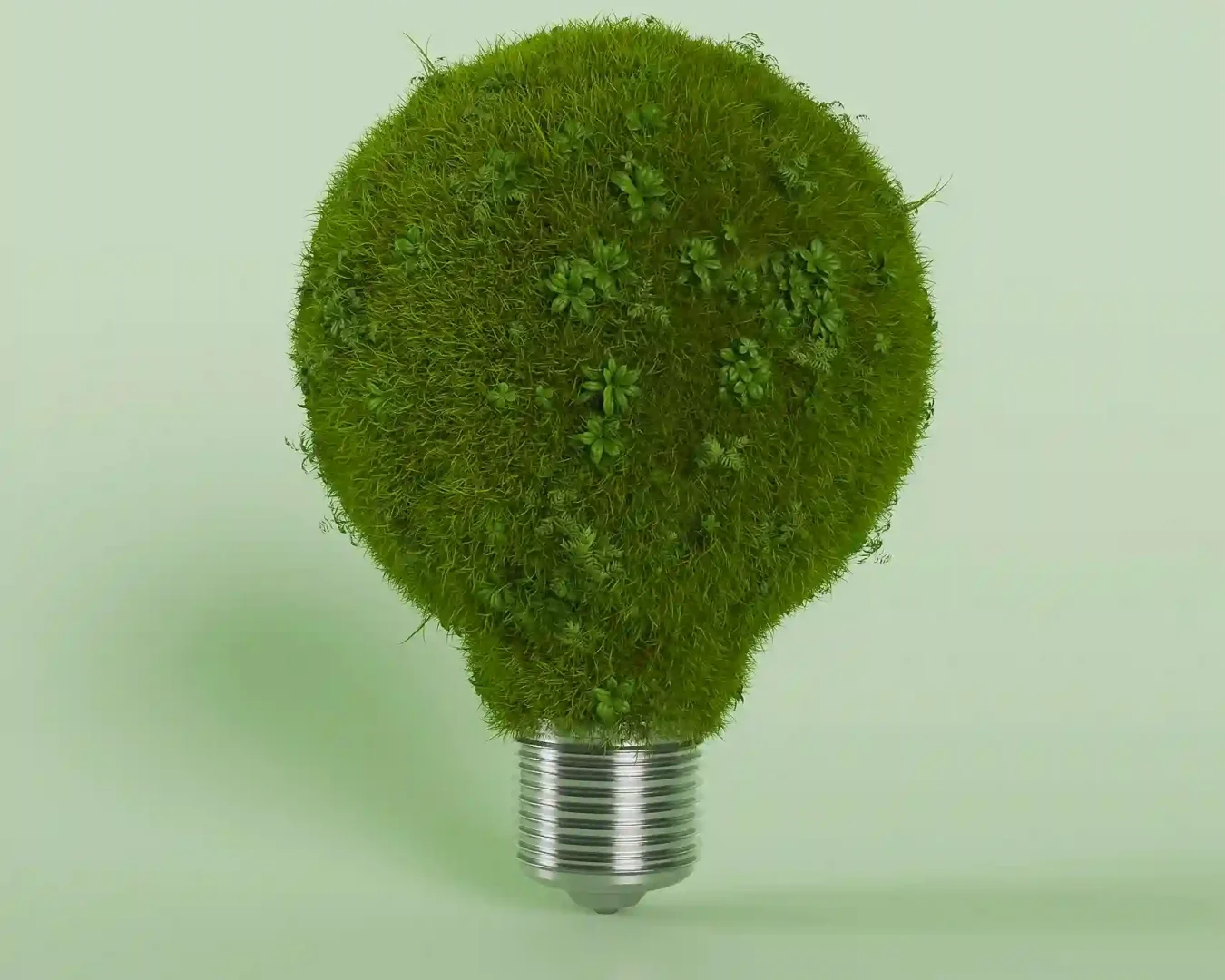 Eine mit grünem Moos und kleinen Pflanzen bewachsene Glühbirne, die umweltfreundliche oder nachhaltige Energie symbolisiert, vor einem hellgrünen Hintergrund - das perfekte Bild für Naturstrom Login-Nutzer, die eine grünere Zukunft anstreben.