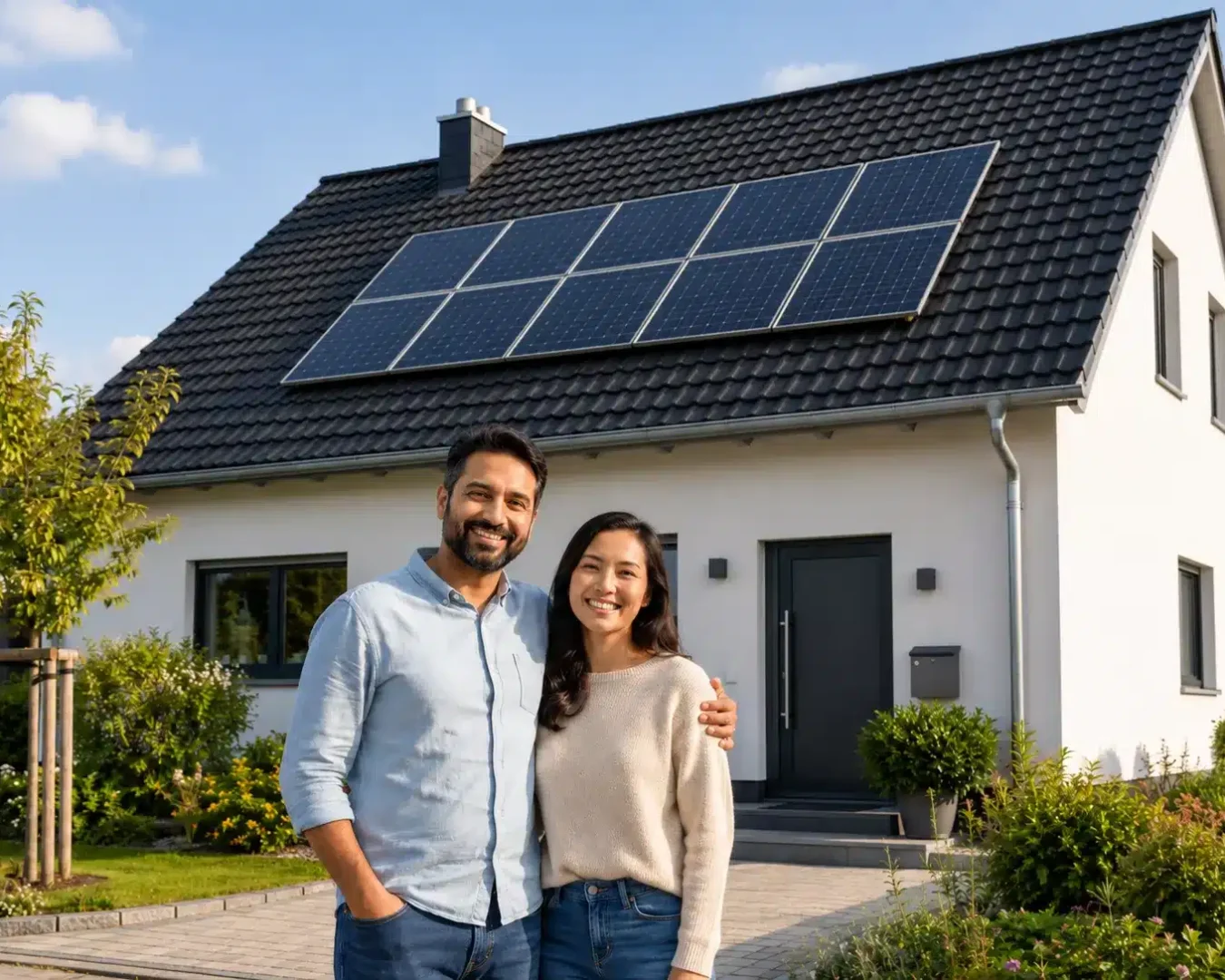 Ein lächelndes Paar steht vor einem modernen Haus mit Sonnenkollektoren auf dem Dach - ein automatisch gespeicherter Entwurf für nachhaltiges Leben -, umgeben von einem gepflegten Garten unter einem klaren blauen Himmel.