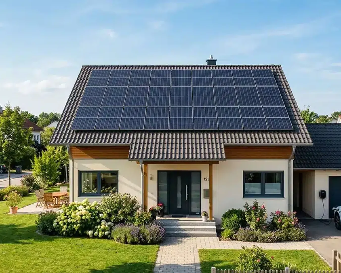 Ein modernes Haus mit dunklem Ziegeldach und einer 20-kWp-PV-Anlage mit Solarzellen, umgeben von einem gepflegten Rasen und Garten. Ein weißes Auto parkt in der Einfahrt neben der Garage unter einem strahlend blauen Himmel.