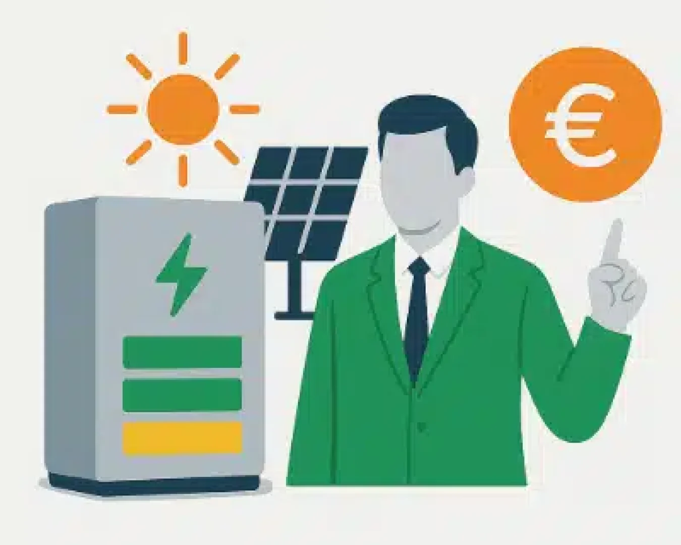Illustration eines gesichtslosen Mannes in einem grünen Anzug, der neben einem Solarmodul, einer Batterie, einem Sonnensymbol und einem Euro-Symbol steht und die IAB-Investition in Batteriespeicher und Solarenergieeinsparungen darstellt.