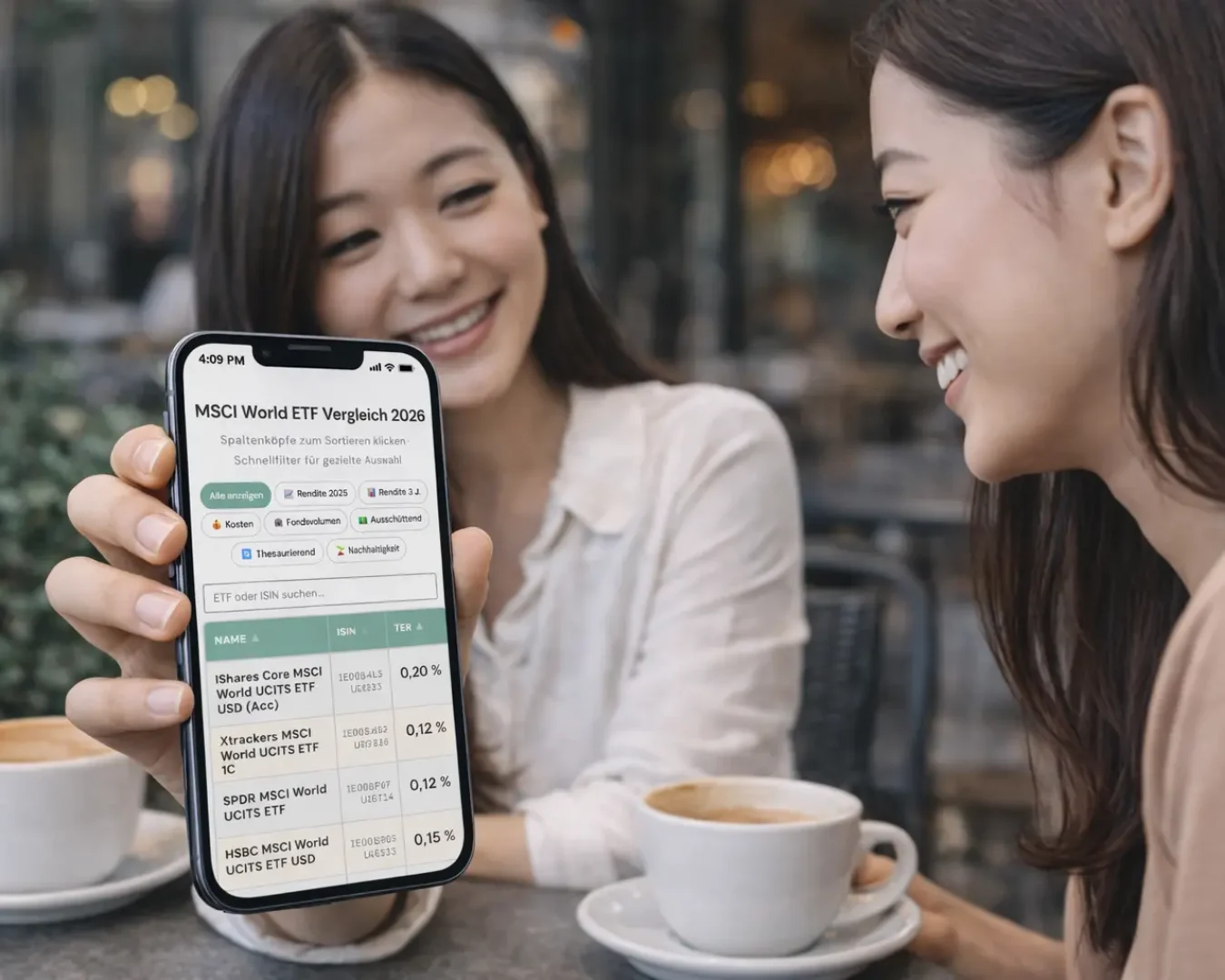 Zwei Frauen sitzen an einem Cafétisch im Freien und lächeln, während die eine ihrer Freundin Finanzdaten und den Bester MSCI World ETF auf ihrem Smartphone zeigt, während vor ihnen Tassen mit Kaffee stehen.