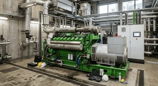 Ein großer grüner Industriegenerator mit der Aufschrift „Jenbacher“, der Teil einer Kraft-Wärme-Kopplungsanlage ist, steht in einer Fabrikumgebung mit freiliegenden Rohrleitungen und Schalttafeln. Zwei Arbeiter in Schutzkleidung unterstreichen den Fokus auf nachhaltige Energie.