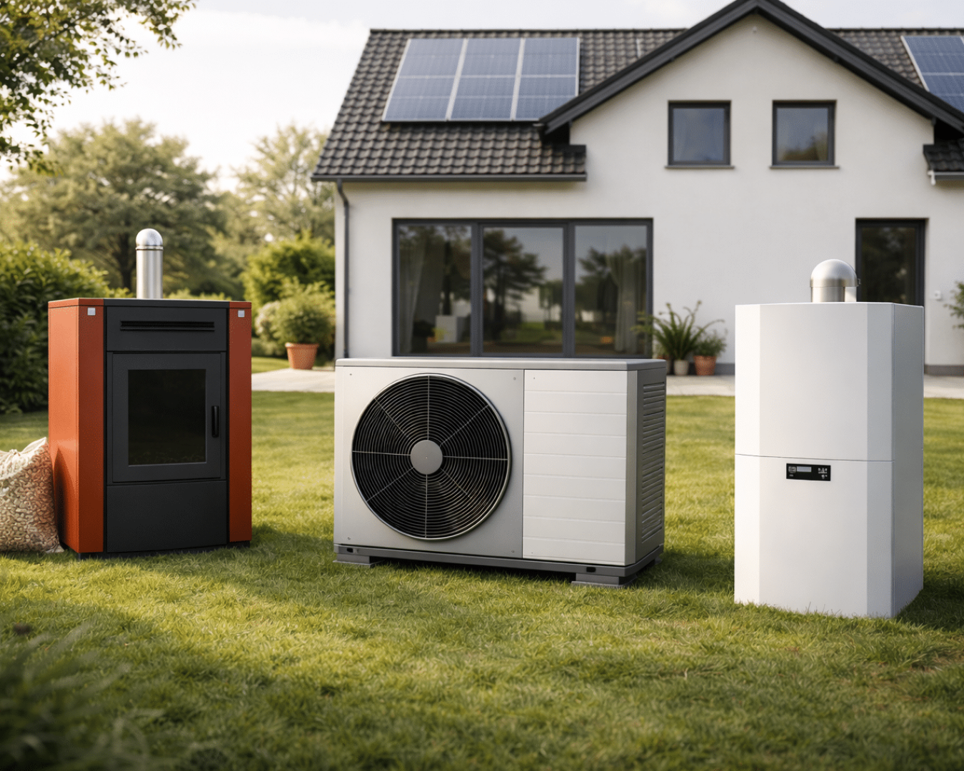 Drei Arten von Heizsystemen - eine Alternative zur Wärmepumpe wie ein Pelletofen, eine Wärmepumpe und ein moderner Heizkessel - stehen auf einer Wiese neben einem Haus mit Sonnenkollektoren auf dem Dach, umgeben von üppigem Grün.