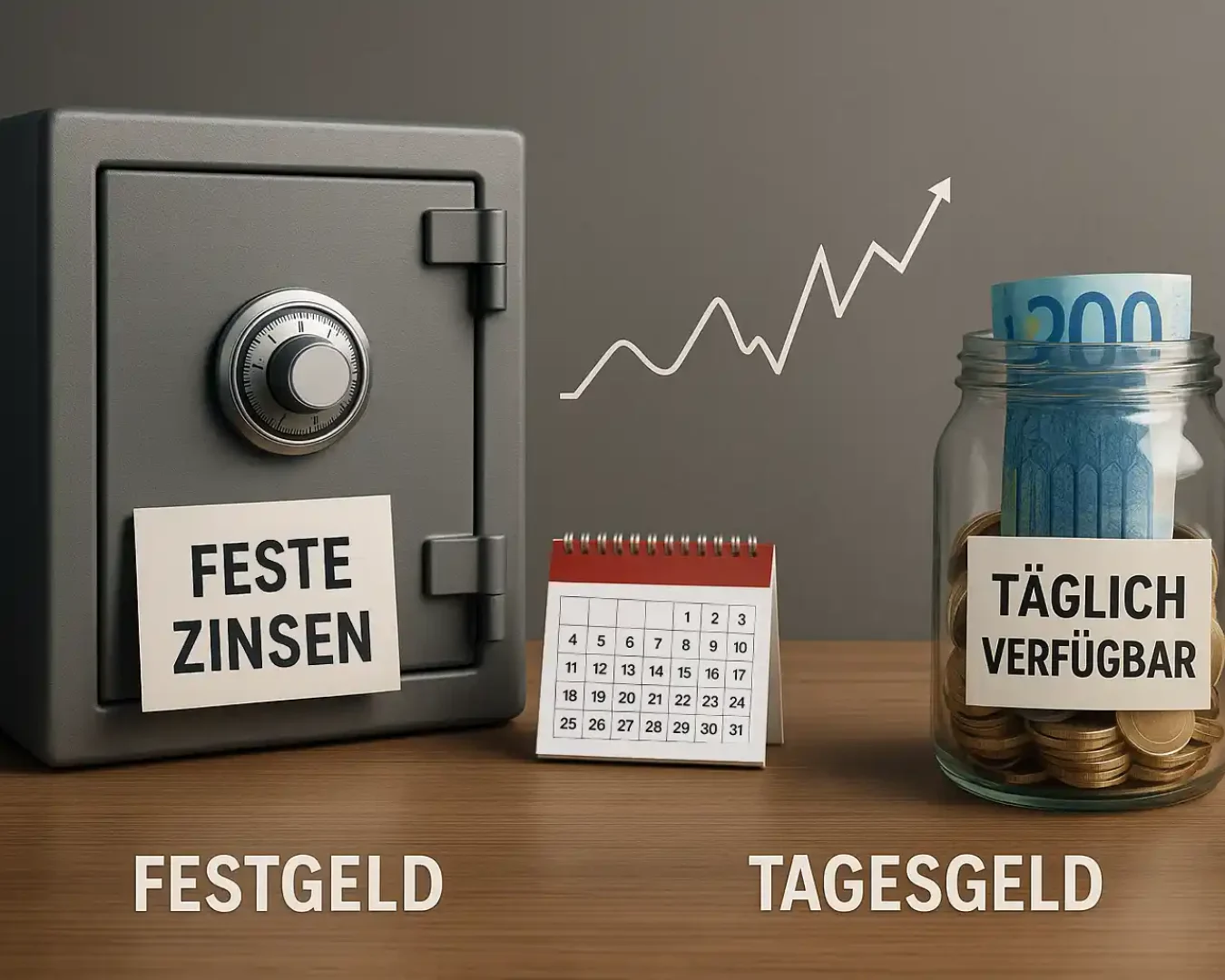 Ein Tresor mit der Aufschrift Feste Zinsen steht neben einem Kalender, während ein Glas mit Euroscheinen mit der Aufschrift Täglich verfügbar daneben steht. Darunter wird der Unterschied zwischen Tagesgeld und Festgeld deutlich gemacht.