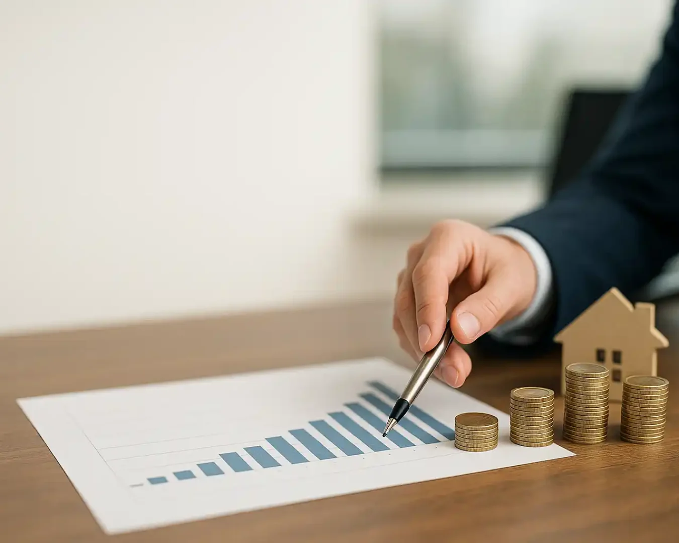 Eine Person im Anzug zeigt auf ein Balkendiagramm auf Papier, mit Stapeln von Münzen, einem kleinen Hausmodell und dem Wort "Tagesgeld" auf einem Holztisch, das finanzielles Wachstum und Investitionen in Immobilien symbolisiert.