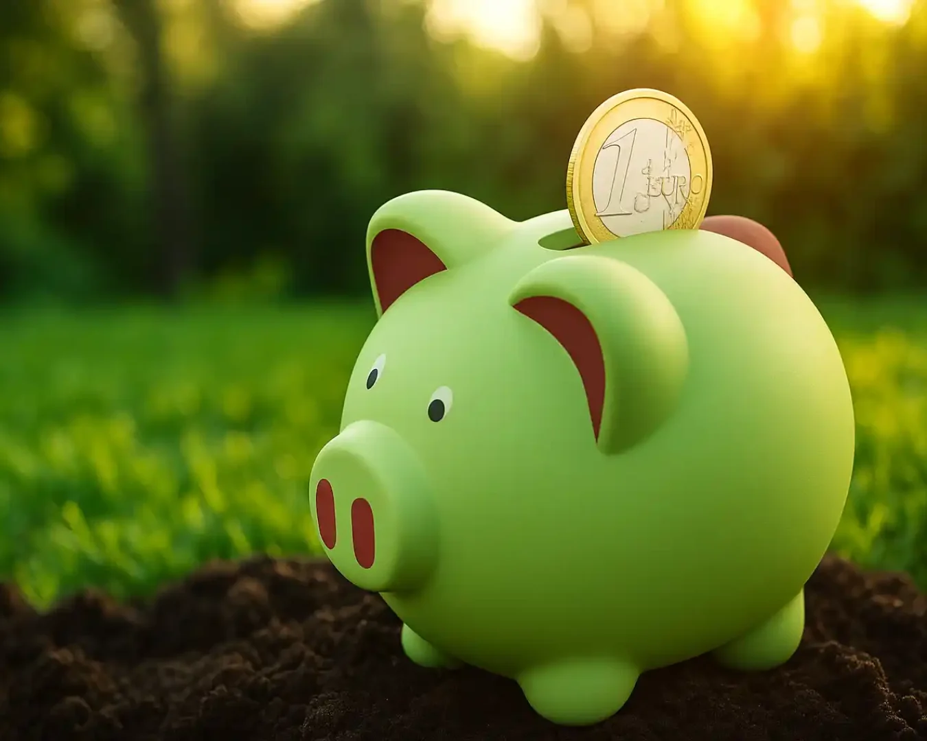 Ein grünes Sparschwein mit einer eingesteckten Ein-Euro-Münze sitzt im Freien auf dem Boden und fängt den Geist des Sparens und Investierens ein - und spiegelt eine positive justtrade erfahrung inmitten von grünem Gras und Sonnenlicht im Hintergrund wider.