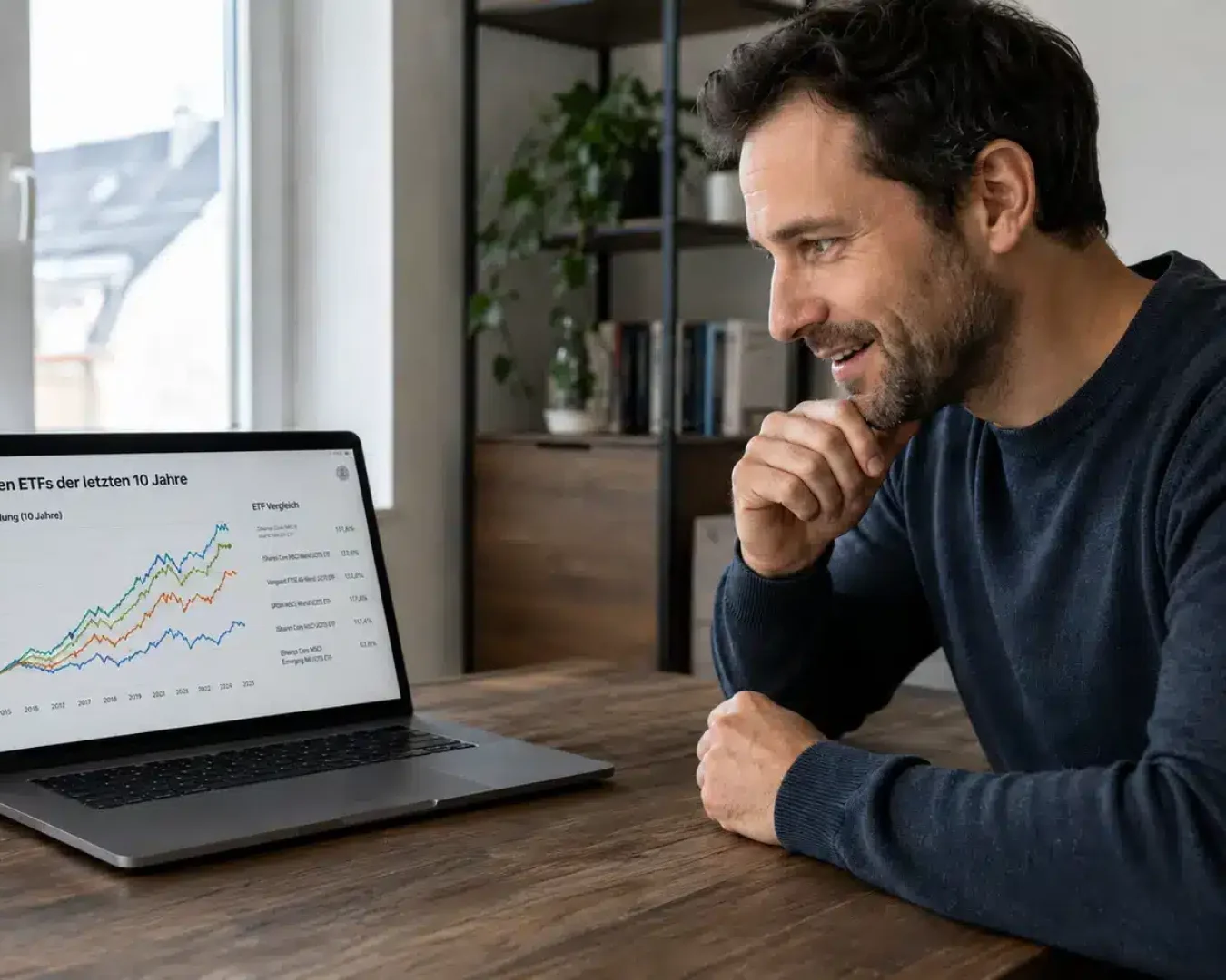 Ein Mann sitzt an einem Holztisch und lächelt, während er auf seinem Laptop „Die besten ETFs der letzten 10 Jahre“ betrachtet – ein Liniendiagramm, das die Wertentwicklungen der besten ETFs im letzten Jahrzehnt vergleicht.