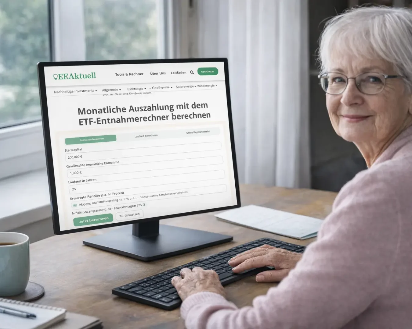 Eine ältere Frau mit Brille lächelt in die Kamera, während sie einen Desktop-Computer benutzt. Der Bildschirm zeigt einen ETF-Entnahmeplan-Rechner auf einer deutschen Website. Sie sitzt an einem Holzschreibtisch an einem Fenster.