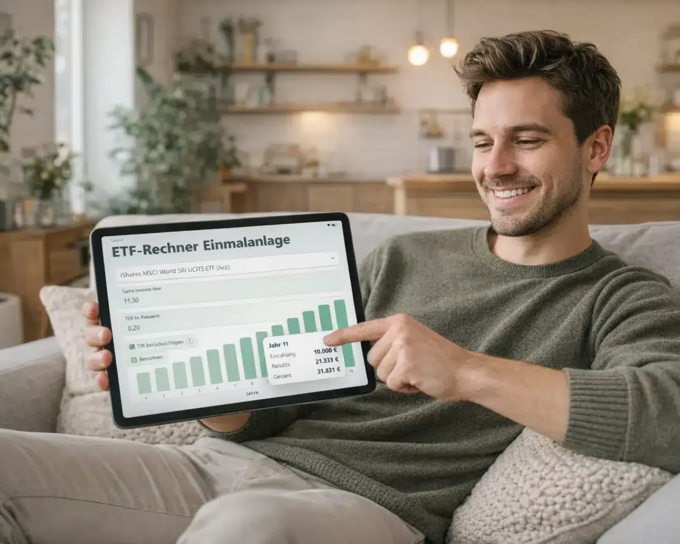 Ein lächelnder Mann sitzt auf einer Couch und hält ein Tablet in der Hand, auf dem das Balkendiagramm "ETF Rechner Einmalanlage" und Finanzdaten in deutscher Sprache angezeigt werden. Er zeigt auf den Bildschirm und ist sichtlich zufrieden mit seinen Anlageergebnissen.