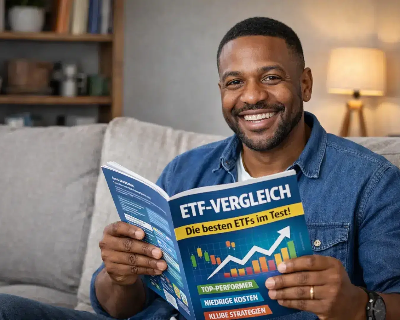 Ein lächelnder Mann sitzt auf einer Couch und liest eine deutsche Zeitschrift mit dem Titel ETF-Vergleich, auf deren Titelseite bunte Diagramme abgebildet sind. Ein Bücherregal und eine Lampe verleihen dem sanft beleuchteten Hintergrund eine warme Atmosphäre.