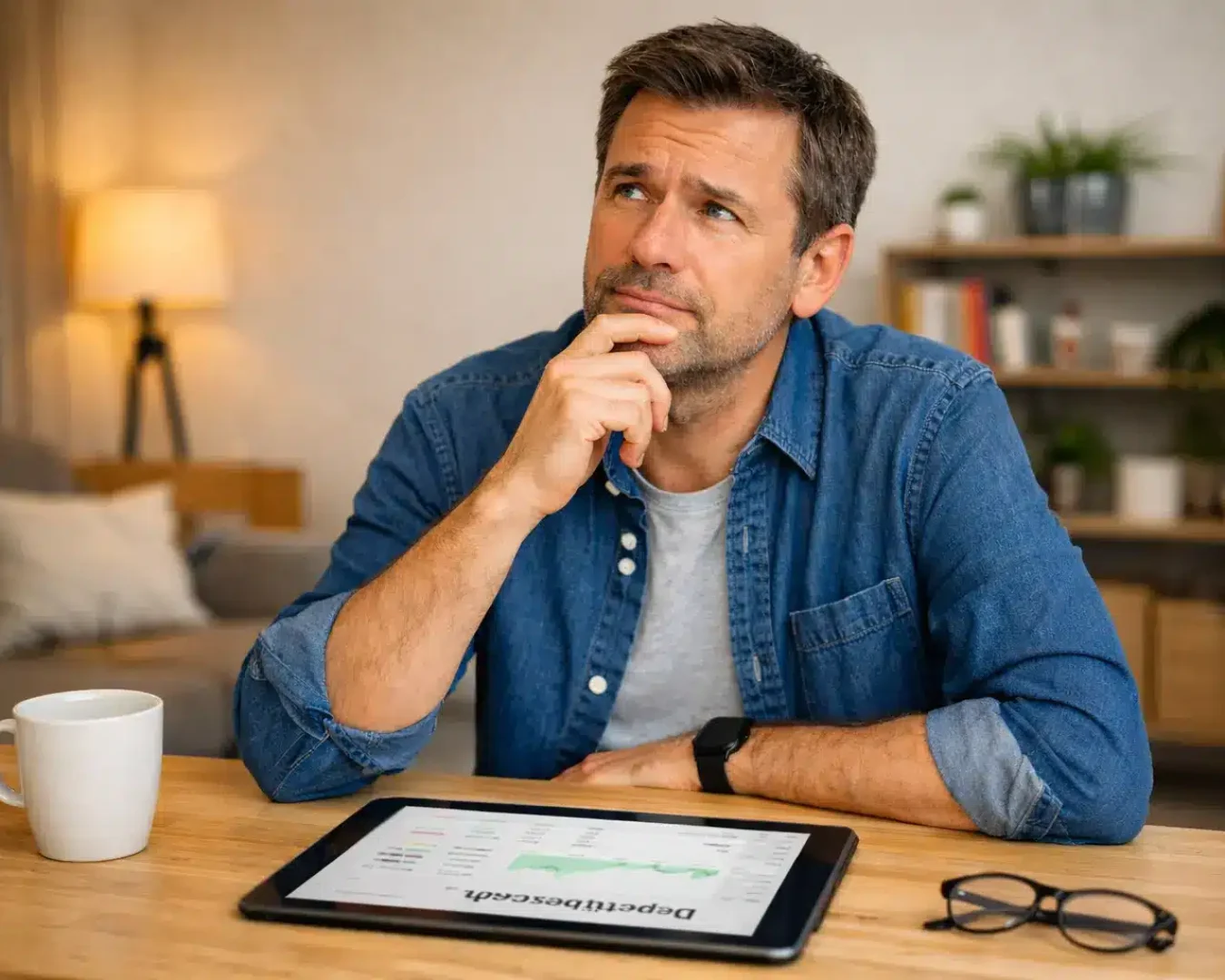 Ein Mann sitzt an einem Tisch und legt nachdenklich die Hand auf sein Kinn. Vor ihm zeigt ein Tablet eine Tabelle von ETF verkaufen an, daneben eine Brille und eine Tasse Kaffee. Im Hintergrund ist ein gemütliches Wohnzimmer zu sehen.