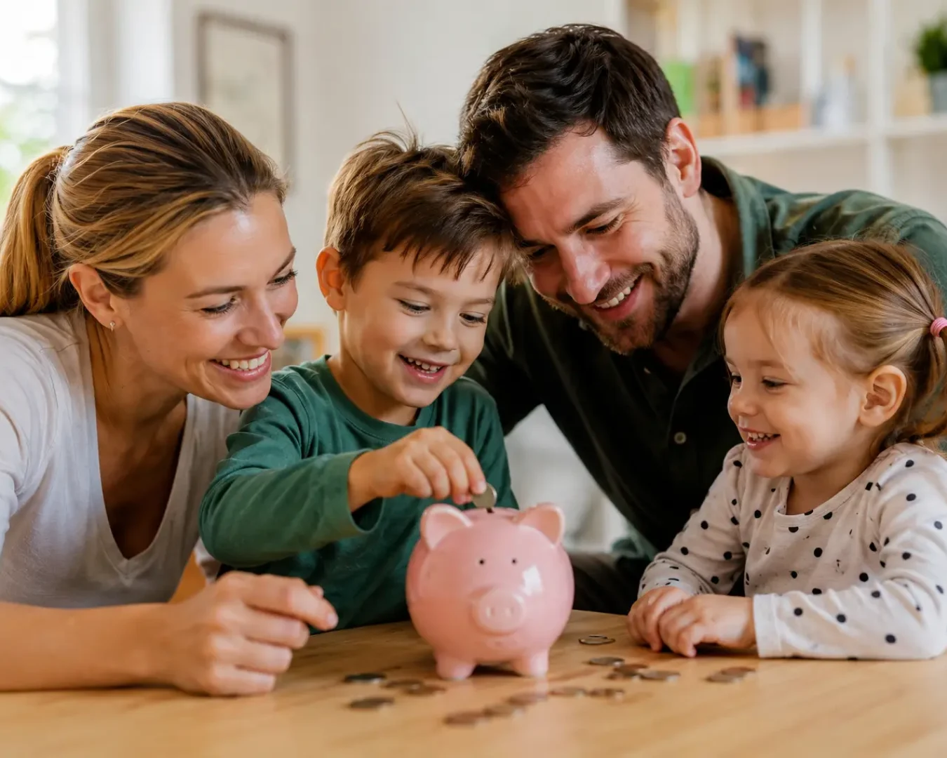 Eine lächelnde vierköpfige Familie, darunter zwei kleine Kinder, sitzt gemeinsam am Tisch und legt Münzen in ein rosa Sparschwein - eine ideale Möglichkeit, Geld für Kinder anzulegen. Die Münzen liegen verstreut auf dem Tisch in ihrem hellen, gemütlichen Zuhause.