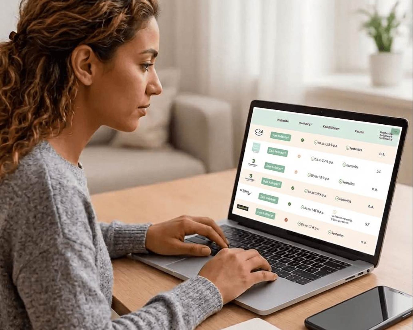 Eine Frau schaut sich einen Festgeld-Vergleich an
